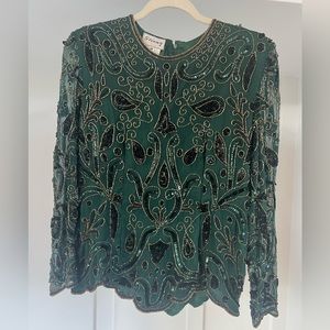 Vintage Stenay silk beaded sequin blouse green m